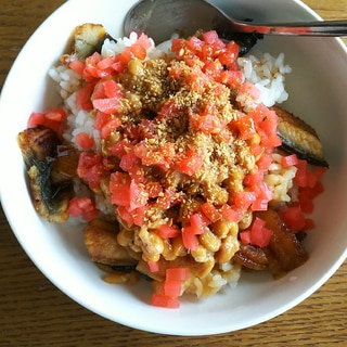 うなぎと紅生姜と納豆のせご飯